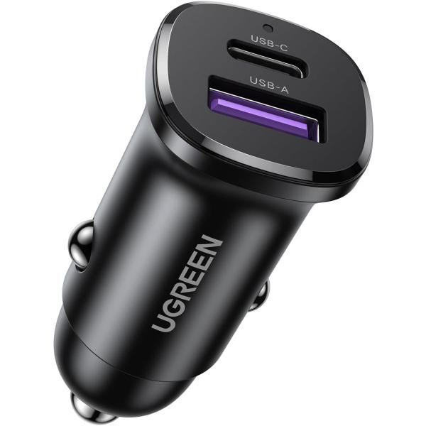 UGREEN USB C カーチャージャー 2ポート ミニ小型【PD30W+SCP22.5W 急速充電】 シガーソケット PD3.0/QC4.0/PPS対応 12V・24V車対応 車載充電器 軽量