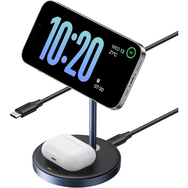 UGREEN Zapix Magsafe充電器 2 in 1マグネット 充電スタンド Qi認証 ワイヤレス充電器 7.5W/5W 2台同時急速充電
