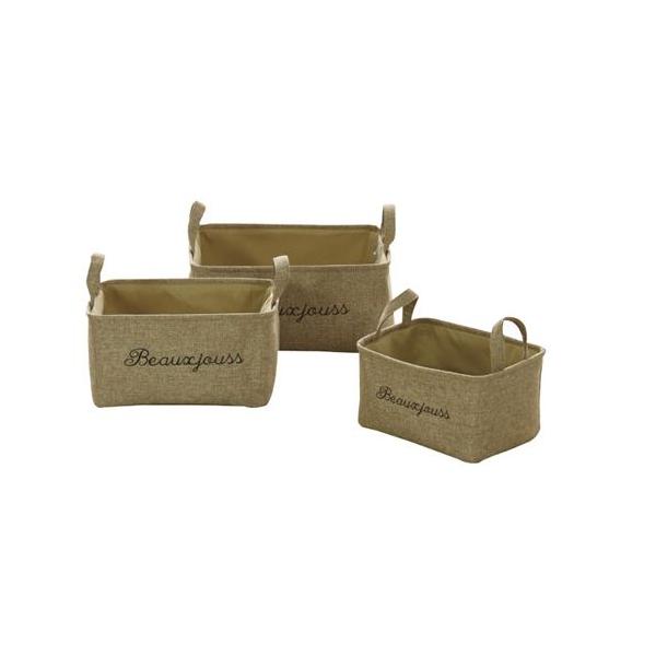 小物入れ かご バスケット 収納 刺繍 ソフトバスケット角型 3個セット ベージュ カゴ 取っ手付き おもちゃ箱 おもちゃボックス 籠 布バスケット 新作 収納バスケット