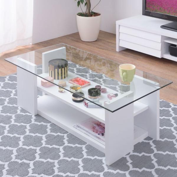 期間限定で特別価格 センターテーブル テーブル リビングテーブル ローテーブル ガラス 棚 白 ホワイト 収納 白家具 カフェテーブル ガラステーブル 棚付き 幅100cm 収納棚