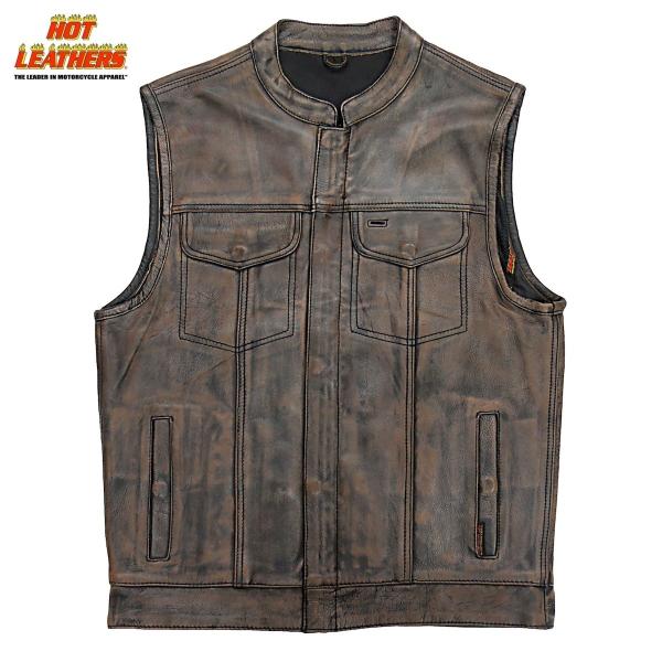 HOT LEATHERS ブラックレザー ベスト Mサイズ Hot Leathers バイク レザーベスト 本革 牛革 7ポケット Zip and Snap