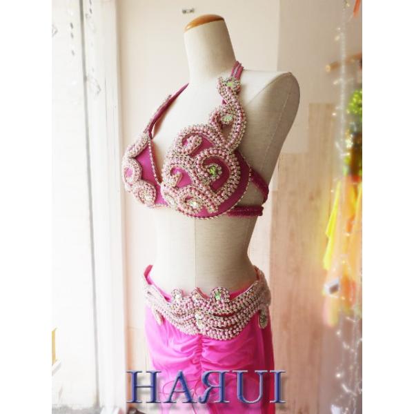 新入荷 ベリーダンス エジプト製 衣装 パール ピンク セット