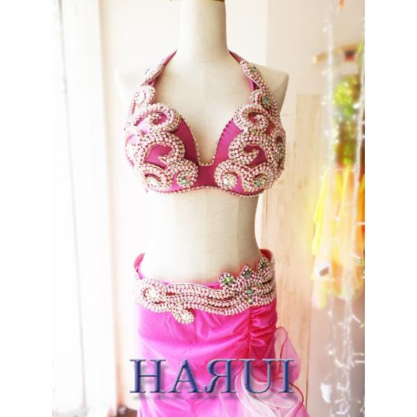 新入荷 ベリーダンス エジプト製 衣装 パール ピンク セット : Costume