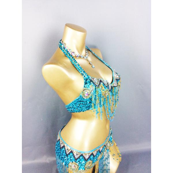 在庫処分 ベリーダンス 衣装 3点セット 水色 Mサイズ B級 : Costume