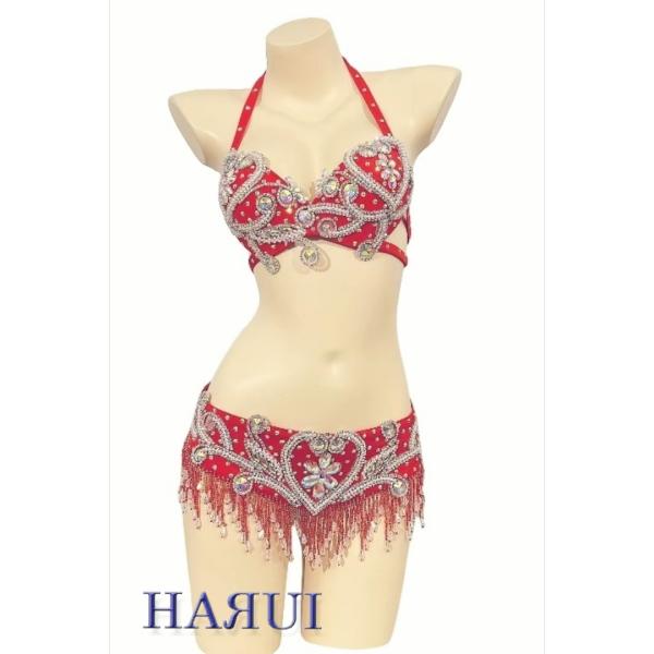 新入荷 ベリーダンス 衣装 ブラ ベルト 上下2点 セット 赤 : Costume