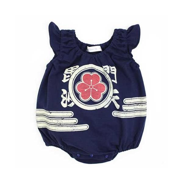 和風毘沙門柄の おちゃめなロンパース。夏祭りにもOK　和柄ロンパス ベビー キッズ 子供服　ひよこ　帽子付ロンパース　着ぐるみ　着ぐるみロンパース　記念撮影　なりきり　60ｃｍ　70ｃｍ　80ｃｍ　ベビー コスチューム　新生児  仮装 カバ...