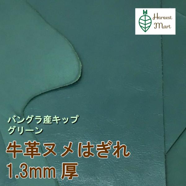 牛革 端切れ ヌメ 牛革 革ハギレ バングラ産 キップ アニリン 1mm〜1.3mm厚 [ Harvestmart ] (グリーン, ハギレセット)