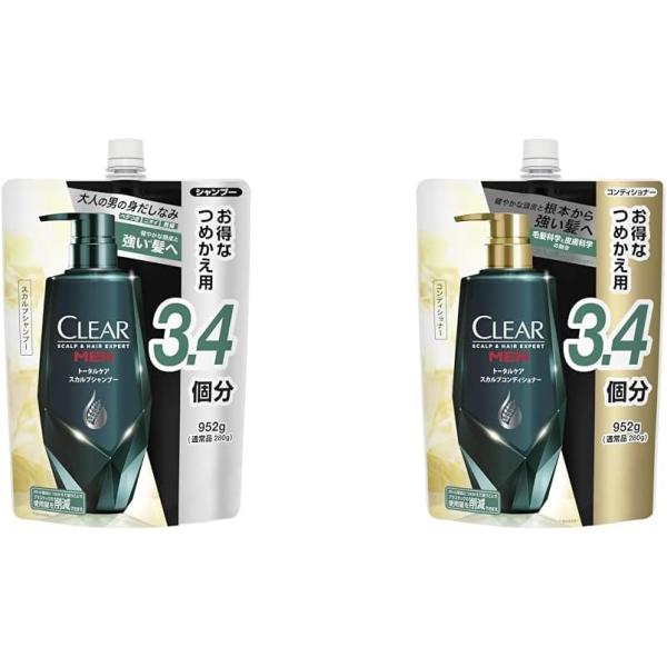 セット買い大容量CLEAR クリア フォーメン トータルケア スカルプ シャンプー 詰め替え用 952g メンズ 男性用 グリーン + 大容量CLEAR トリートメント