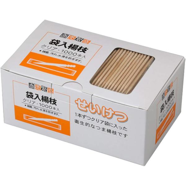 大和物産 爪楊枝 商売繁盛 袋入 楊枝 クリア箱入 白樺 6.5cm 約1000 本 個包装 透明