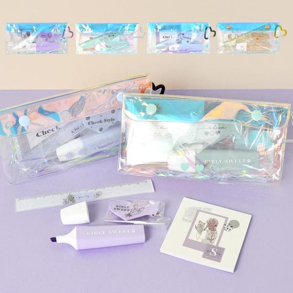 文房具セット 女の子 小学生 ペンケース Pvc クリアポーチ オーロラ ステーショナリーセット 5点セット かわいい メモ帳 前髪クリップ 定規 マーカー 子供 Hauhau 通販 Paypayモール