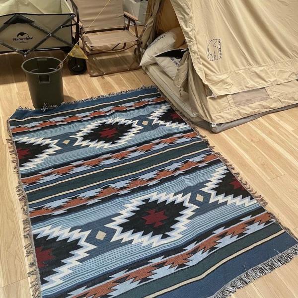 アウトドア キャンプ ラグマット ブランケット オルテガ柄エルパソ風 ブルー グランピング 車中泊 テントやコットに 130×160cm