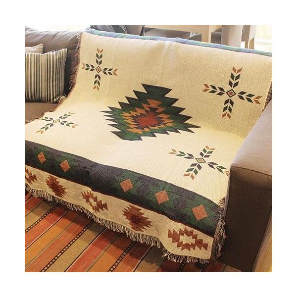 ブランケット ラグマット 緑×マスタード オルテガ キリム 民族柄カバー  130×160cmcm