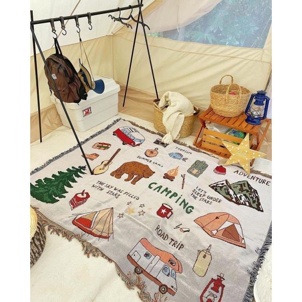 アウトドア キャンプ ラグマット ブランケット テント キャンピングカー柄 グランピング 車中泊 ピクニック バンライフ 130×160cm