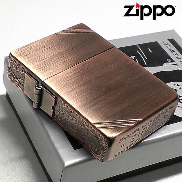 ZIPPO ライター ジッポ 1935復刻レプリカ カッパー 銅古美 3面アラベスク ダイアゴナルライン 唐草 彫刻 アンティーク 角型 3バレル  メンズ