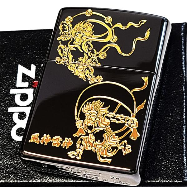 ZIPPO ジッポー ライター 風神雷神 ゴールド ブラック 未使用　オマケ付 ZIPPO 和柄 風神雷神 ジッポ ライター ブラックニッケル 金差し