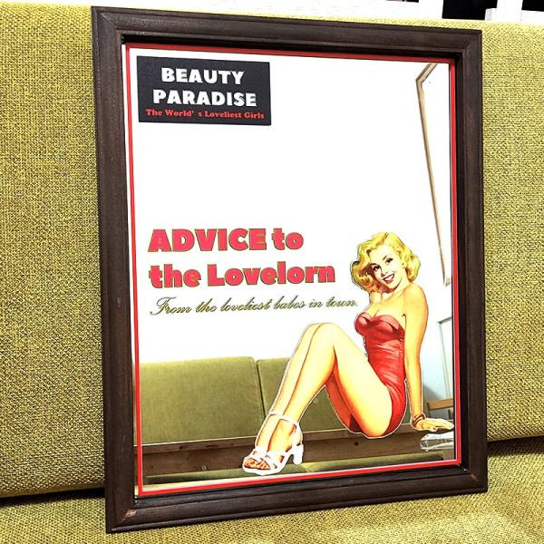 【パブミラー ADVICE to the Lovelorn】アメリカンな雰囲気漂う、お洒落な木製のパブミラーです。BEAUTY PARADISEの文字とセクシーな女性が目を惹くデザイン！使いやすいデザインなので、日常使いはもちろん、店舗の装...