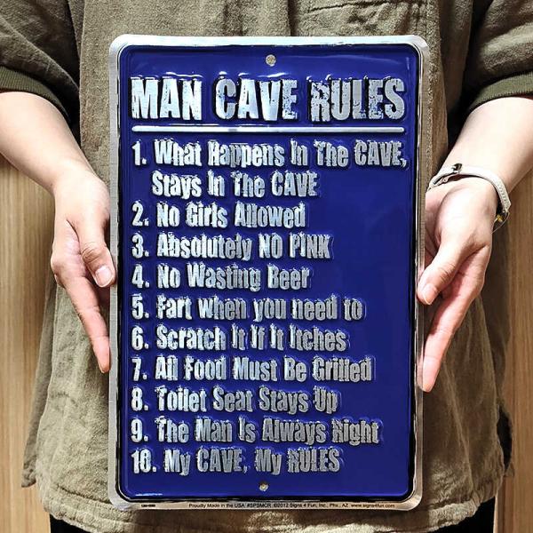 ブリキ看板 1点物 MAN CAVE RULES アンティーク エンボスプレート ブルー ガレージ