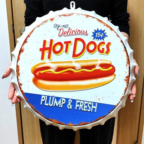 ブリキ看板 ボトルキャップ HOT DOGS おしゃれ 王冠 アメリカン 雑貨 ホットドッグ エンボスサイン インテリア ガレージ プレート