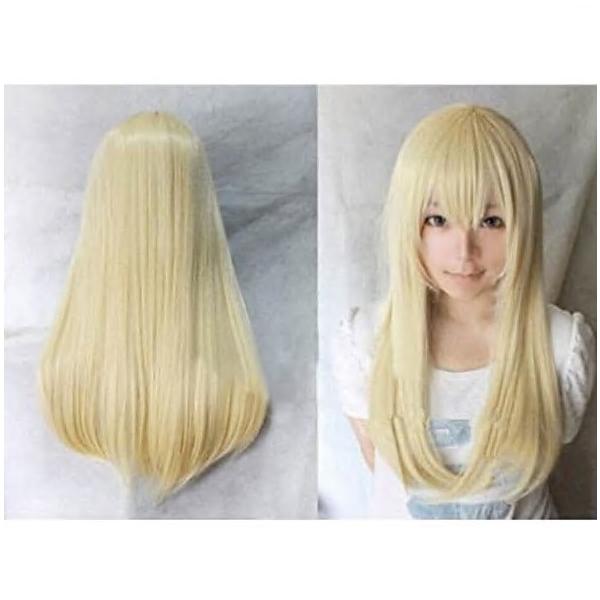 ウィッグ レディース ロング ストレート フルウィッグ コスチューム コスプレ 小物金髪イエロー80cm ネット付