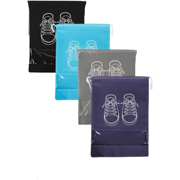 【シューズバッグ 4色セット】ブラック、ブルー、ネイビー、グレー各１枚　　　　　　　　　　　　　　(お色はお選びできません)【材　質】不織布【サイズ】約43cm×約32cm中身を確認できる小窓付きです。シューズ入れだけでなく、化粧品、衣服、...