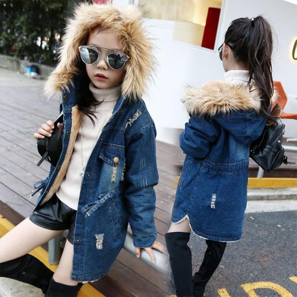 ファーティペット 厚手 女の子6-7-8-9-10-11-12歳子供服キッズロックコート ウィンドブレーカー デニムジャケット防寒 防風 通園 普段着
