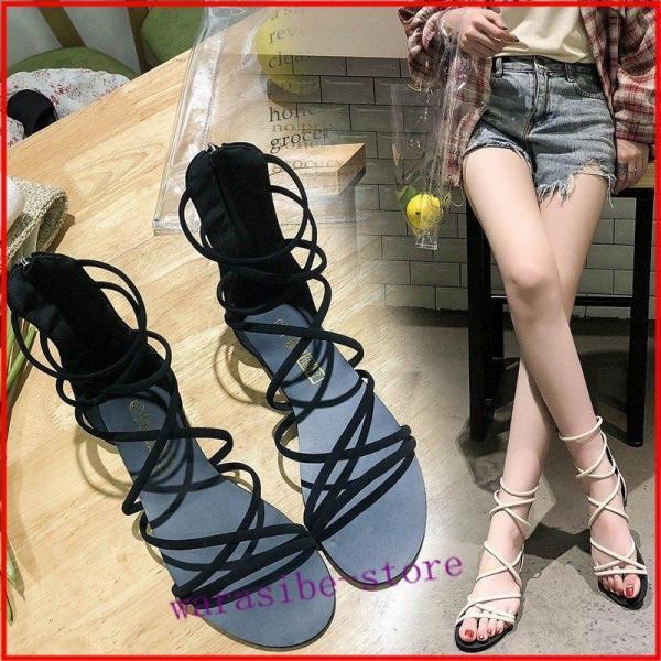 サマーブーツ ブーツサンダル ロングブーツ 女性フラットサンダル レディース クロスストラップ 編み上げ グラディエーター サンダル ぺたんこ靴 美脚