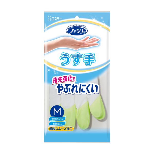 ファミリー ビニール うす手 指先抗ウイルス加工 M グリーン  (ゴム手袋 ビニール手袋 薄手 Mサイズ 指先強化 家庭用手袋 作業手袋 キッチン手袋 台所 洗濯 掃除 エステー)●指先を強化しているので、やぶれにくく、丈夫です。●べたつ...