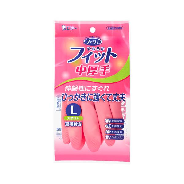 ファミリー やわらかフィット 天然ゴム手袋 L ピンク  (ゴム手袋 ビニール手袋 裏毛つき Lサイズ 中厚手 家庭用手袋 作業手袋 キッチン手袋 台所 洗濯 掃除 エステー)●天然ゴム製なので、伸縮性にすぐれ、しなやかに手にフィットします...
