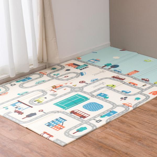 折りたためて水拭きできる プレイマット エクスロード  （道路＆木目） 118x176cm 600010700 (ベビーマット クッションマット 防音対策 リバーシブル 両面 撥水 はっ水 折りたたみマット 子ども 子供  萩原)●サッとひ...