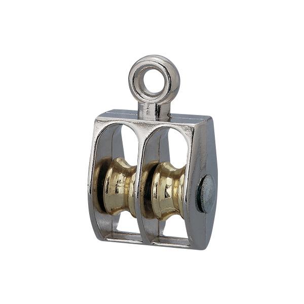 滑車が2個あり、中軽量物の吊り下げに使用できる。吊り下げ部分は固定式。※画像は代表画像です。亜鉛ダイカスト製で、ニッケルめっき。サイズ=車輪径(mm)。