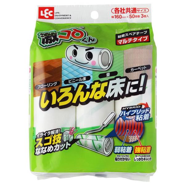 床を選ばない！！マルチタイプの<ハイブリッド粘着テープ>使用！各社共通サイズの粘着スペアテープです。いろんな床に使えるマルチタイプです。(フローリング、ビニール床、畳、カーペット)50周巻×3巻入り。材料：粘着加工紙サイズ：幅1...