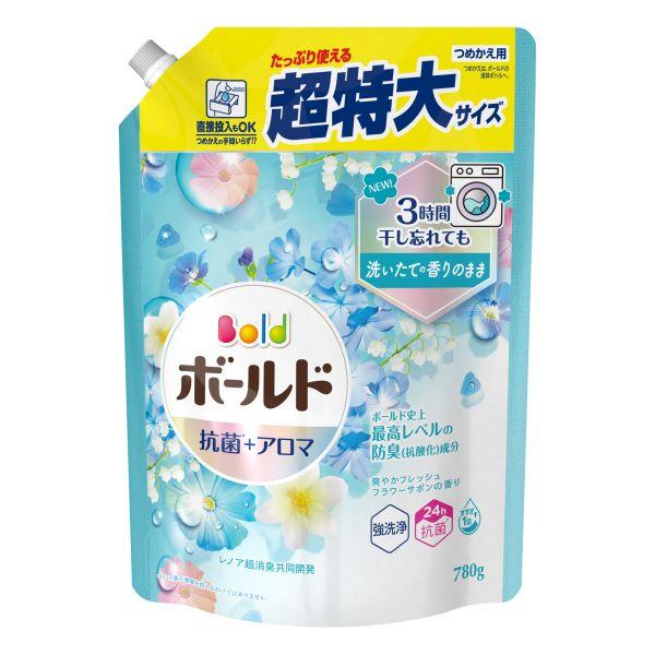 爽やかフレッシュフラワーサボンの香りレノアHAPPINESS共同開発ボールド柔軟剤入り洗剤 抗菌*＋アロマ・3時間干し忘れても洗いたての香りのまま！・香り長続き！　*すべての菌の増殖を抑えるわけではありません仕様・注意事項内容量：780gサ...