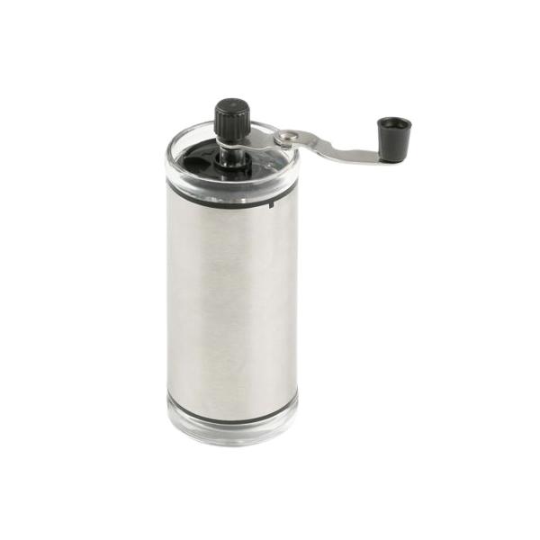 ダイヤルでコーヒー粉の粗さが調節できる、手回しコーヒーミルです。ダイヤルを反時計回りで粗挽き、時計回りで細挽きに調節できます。コンパクトな設計のためアウトドアでも大活躍します。サイズ：6.3cm×6.3cm×15.5cm