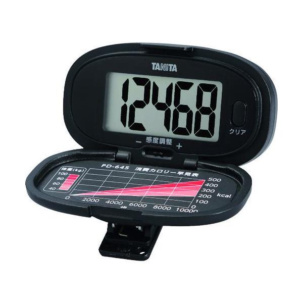 《メーカー》（株）タニタ《品番》PD-645-BK《特長》●文字が大きくて見やすく、設定いらずで腰装着タイプの歩数計です。●消費カロリー早見表が付いています。《用途》●健康管理に。《仕様》●精度:±3%●色:ブラック●縦(mm):37●横(...