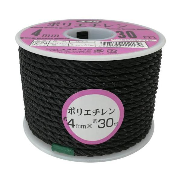 《メーカー》（株）ユタカメイク《品番》RE-24《特長》●軽量で水に強く、強力でショックにも強いロープです。《用途》●ネット、農園芸、インテリアなど。《仕様》●色:黒●線径(mm):4●長さ(m):30●包装形態:ボビン巻《仕様２》《原産国...
