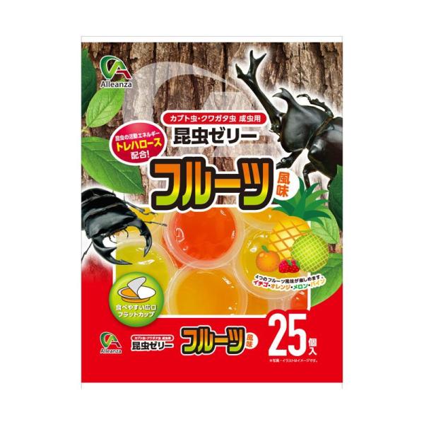 商品コード:4571551588478商品名:昆虫ゼリーフルーツ風味25個広口の浅型カップでたべやすい！商品説明:昆虫が大好きなフルーツ風味のゼリーです。25個入。原材料:糖類(砂糖・トレハロース)・増粘安定剤(増粘多糖類)・酸味料・香料・...
