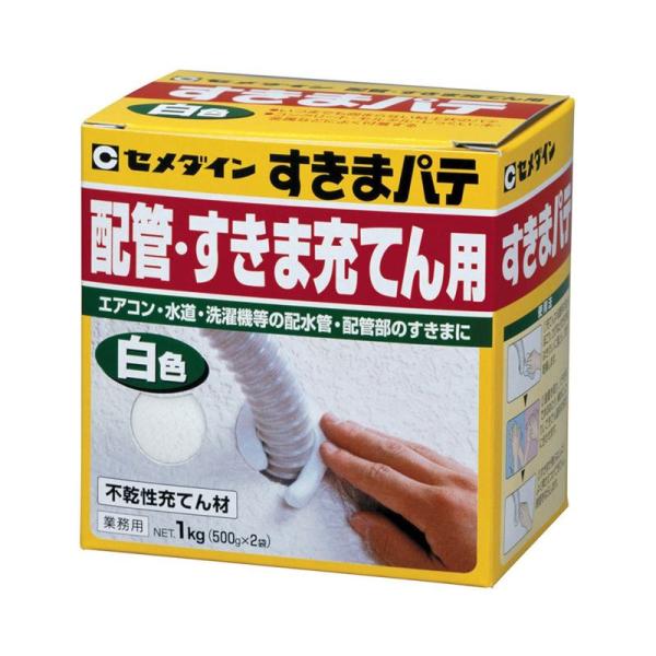 セメダイン・硬くならない不乾性パテです。・クーラー配管の壁穴・流し台の排水管の取付穴の隙間等の充てん。・塗装もできます。・コンクリート・モルタル・しっくい・木・金属等に良く付着します。『製品仕様』●内容量：５００ｇ袋×２入。●箱入り。●色：...