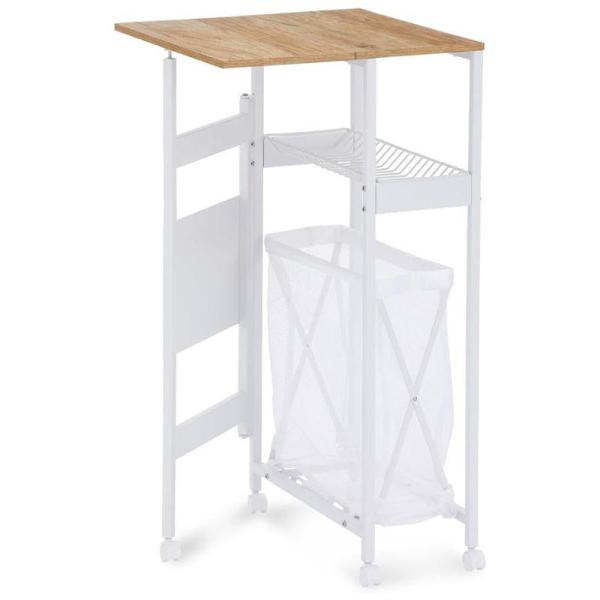 ワイヤーラック1つとバスケット1つ付きです。洗面所や洗濯機周りの小物をすっきり収納できます。天板を折りたたんでコンパクトに収納できるスリムタイプです。奥行き約24cmで狭小スペースにも置けます。天板を広げると洗濯物がたためる作業台になります...