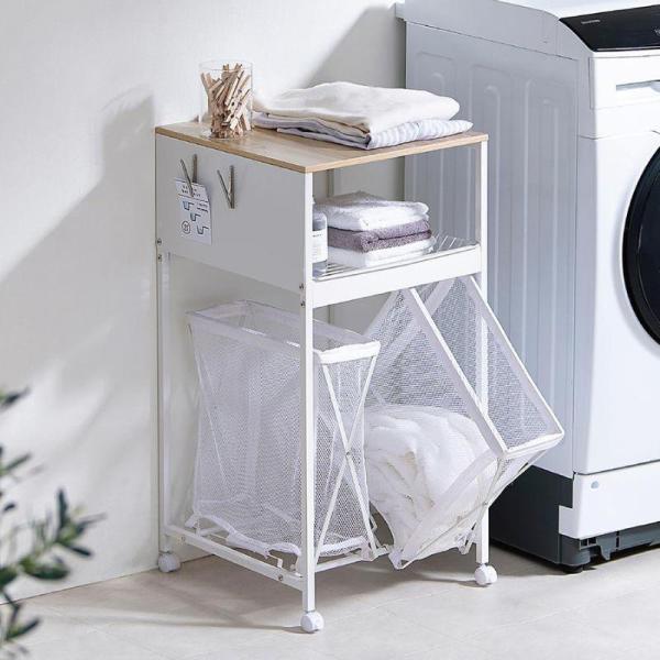 ワイヤーラック1つとバスケット2つ付きです。洗面所や洗濯機周りの小物をすっきり収納できます。広々としたスペースのワイドタイプです。天板は洗濯物がたためる作業台になります。天板は熱、水、傷に強いメラミン樹脂を使用しています。ワイヤーラックはタ...