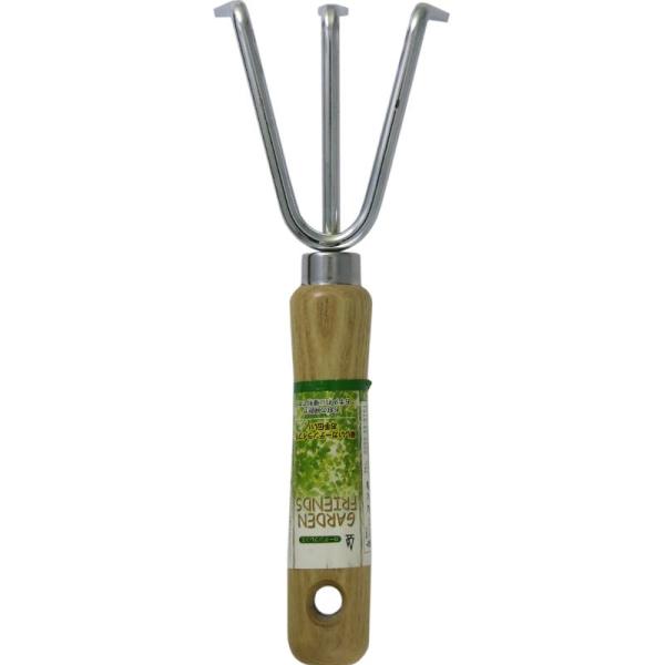 草取りや土ならしには爪が開いた熊手が便利です。やわらかい土なら、熊手部分で土の中に入り、根ごと草を引き抜く事もできます。木柄の風合いがやわらかい。