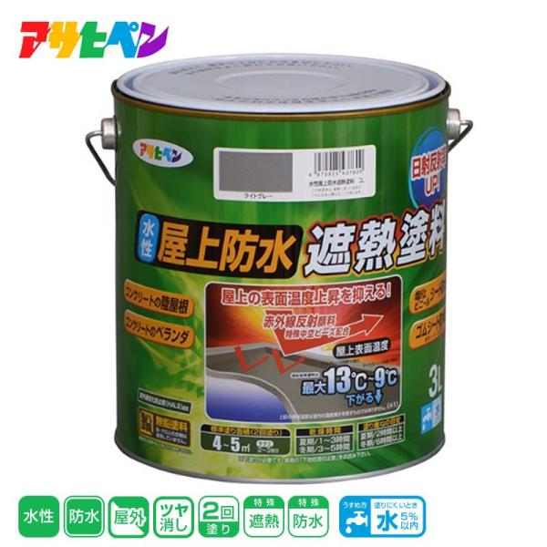 アサヒペン●特殊顔料と中空ビーズの相乗効果により太陽光照射時の赤外線を反射し、同じ色の従来の塗料に比べて陸屋根やベランダの表面温度上昇を抑えます。●従来塗料に比べ、高い遮熱効果により塗膜の熱による劣化を防ぎます。●コンクリート（陸屋根やベラ...