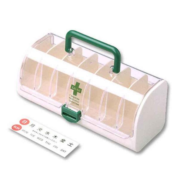 1週間分のお薬を区分け整理できるお薬ケース 持ち運びに便利なハンドル付き 小さなお薬も取り出しやすい 見やすい文字で迷わない 薬が混ざらずしっかり仕切れる【仕様】商品サイズ：約幅21.6×奥行10×高さ9.5（cm）材質：本体・フタ/AS樹...