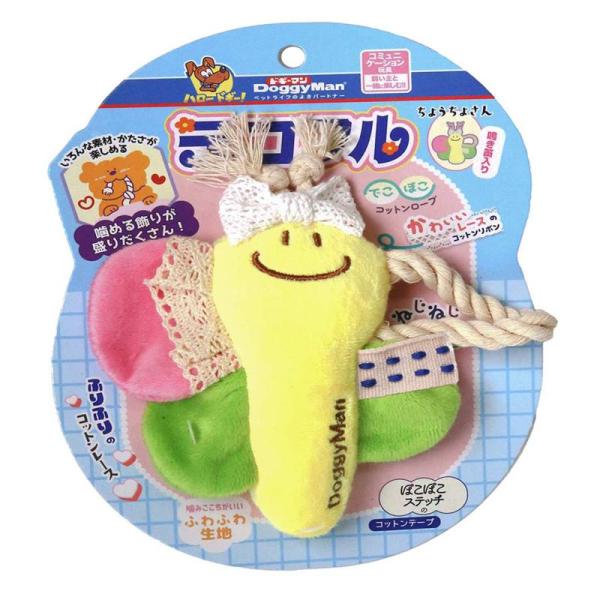 わんちゃんが大好きな天然素材の噛める飾りがたくさんついた、かわいいぬいぐるみ玩具。【原材料】本体：ポリエステル、ポリエチレン ロープ：コットン レース：コットン テープ：コットン【使用方法】《遊び方》 においをかがせたり、音を鳴らしたりして...