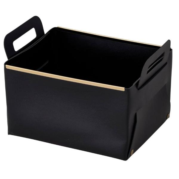 ●折りたためるフェイクレザーの小物入れ●アクセントに、ボタンとフレームをゴールドカラーに仕上げました●化粧品やタオル、ステーショナリーなどの整理に。水分や油分などを吸収しづらい生地なので、お手入れはサッと拭き取るだけ●製品サイズ（約）／幅2...