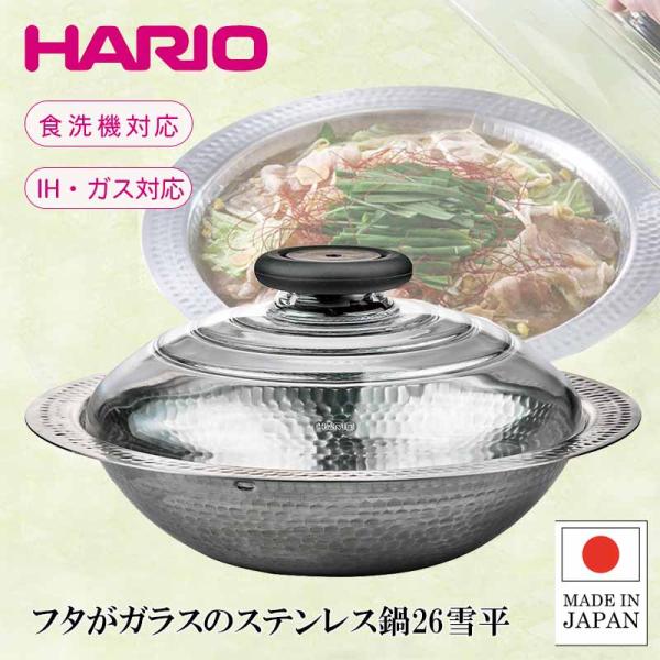 HARIO（ハリオ） [即納在庫品] フタがガラスのIH対応ステンレス鍋 26cm