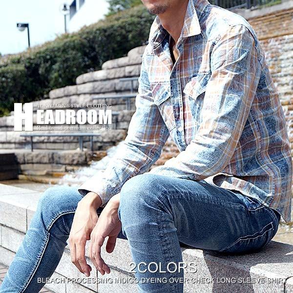 カジュアルシャツ メンズ デニム ブリーチ加工 インディゴ染め
