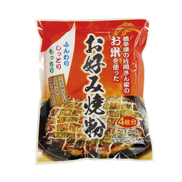 「お米を使ったお好み焼粉　200g」は、岐阜県のお米が主原料のお好み焼粉です。使用原材料は、アメリカ産の有機チクピー豆粉、北海道産契約栽培の馬鈴薯でん粉、国内産原木栽培椎茸パウダーなどです。膨張剤はベーキングパウダーの代わりに、内モンゴル産...