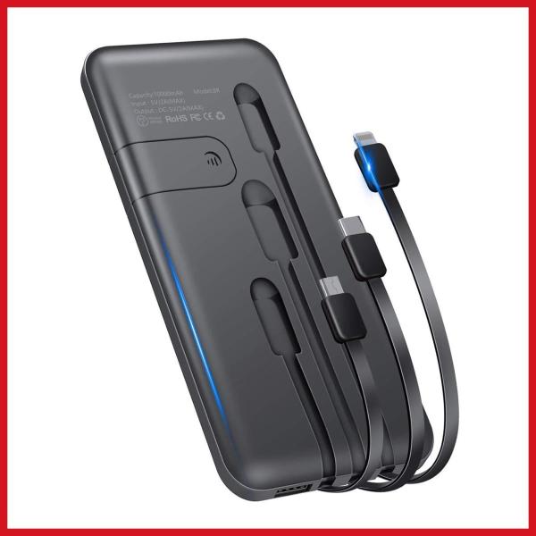 他サイト： モバイルバッテリー 2019新版 10000mAh 大容量 3ケーブル内蔵（Lightning+Micro USB+Type C) 軽量 薄型 急速充電 スマホ充電器 携帯バッテリー PSE認証済の商品画像