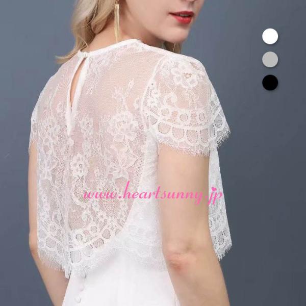 結婚式ボレロ レースボレロ 丸首 透明 花柄レース フレンチ袖 ホワイト