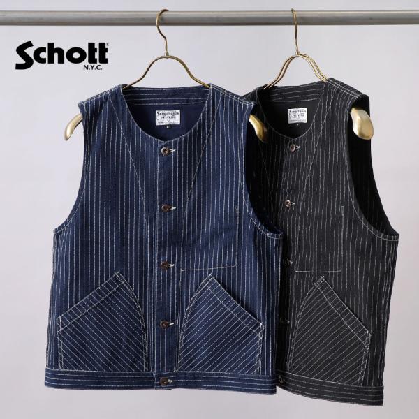 希少☆美品☆Schott　デニムベスト　ヒッコリー　ストライプ　Ｓ　青　ブルー heath_3122067